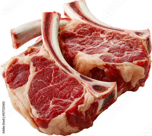 Fresh cuts of meat displayed in a raw state. Raw material.