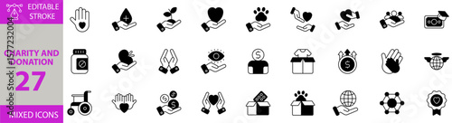 Charity and Donation icon set. Containing Vector pictograms of disabled, volunteer, organization, donation, animal, eye, foster, kindness, charity, hope and more editable icons. Victor Illustration.