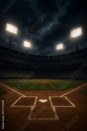 A dramatic sports stadium with bright lights illuminates the field under a cloudy, ominous sky.