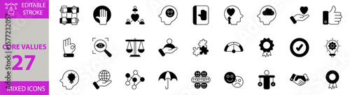 Core Values icon set. Containing Vector pictograms of open mind, passion, oath, optimism, loyalty, hand, creativity, quality, agreement, meter, ethics and more editable icons. Victor Illustration.