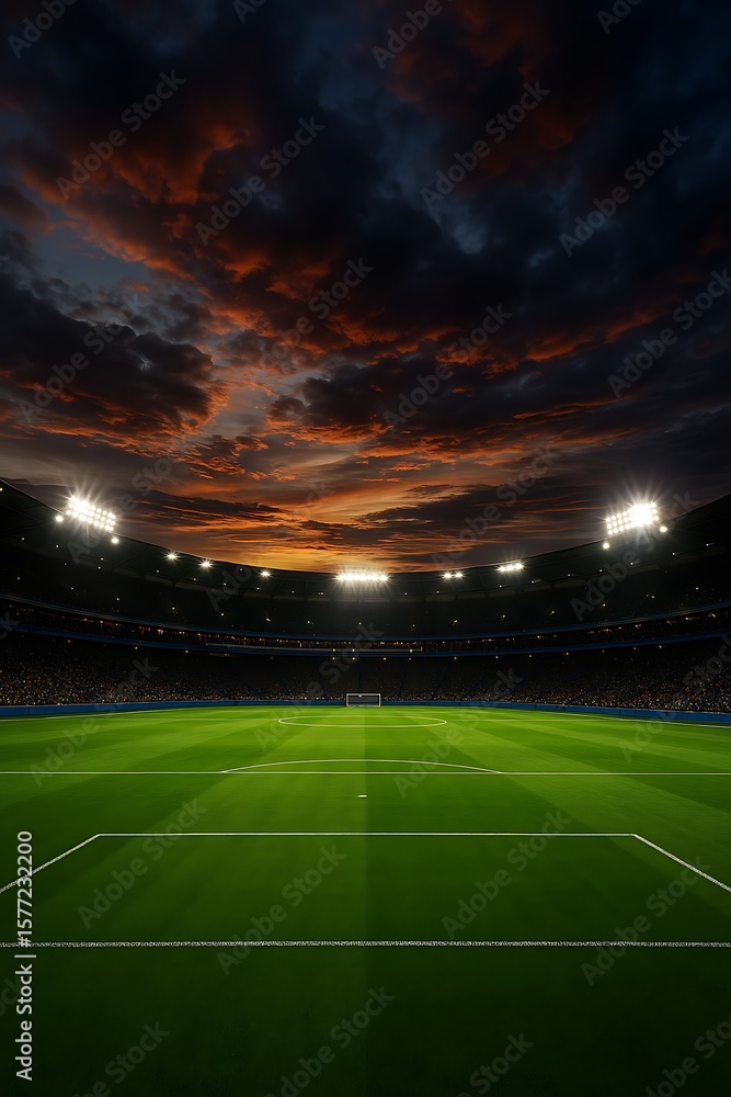 Fototapeta premium A majestic stadium view featuring a vibrant green field and dramatic, colorful sunset sky at dusk.