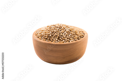 a wooden bowl filled with wheat seeds