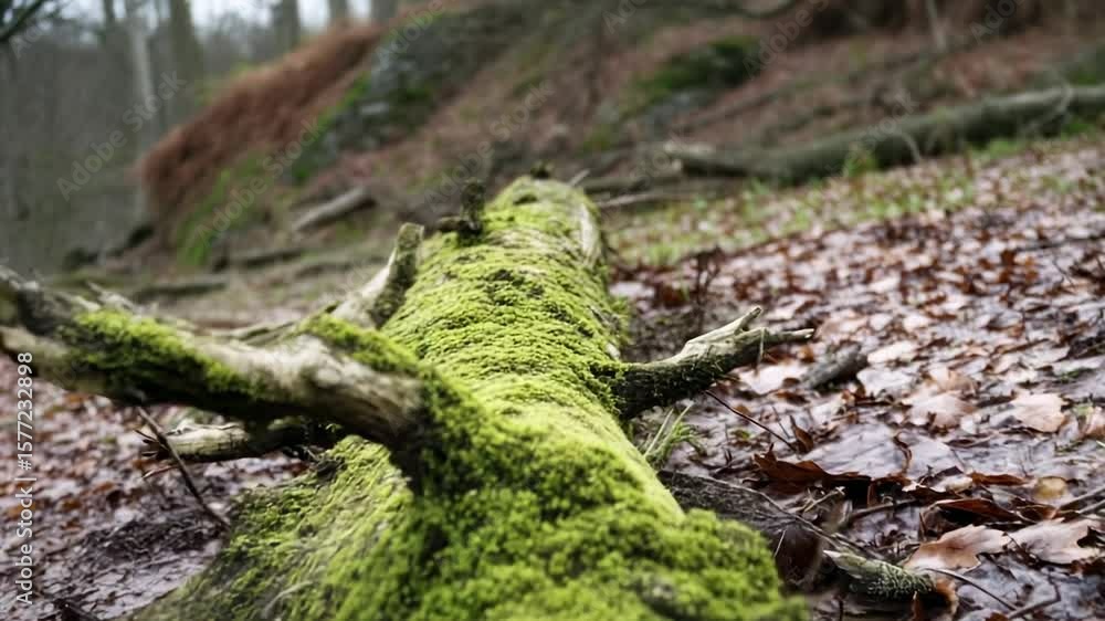 Moss-covered log on a forest floor near a stream in the early morning light Moss-covered log on a forest floor near a stream in the early morning light
