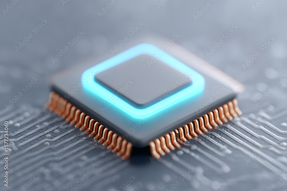 Close-up of a Microchip with Illuminated Blue Light on Circuit Board Close-up of a Microchip with Illuminated Blue Light on Circuit Board
