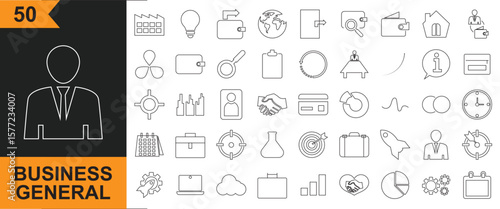 Business general  icon. Design for briefcase, graph, credit, card, wallet, handshake, calendar, clock, lightbulb, idea, target, etc.  Vector for websites, mobile interfaces, presentations, banner. 