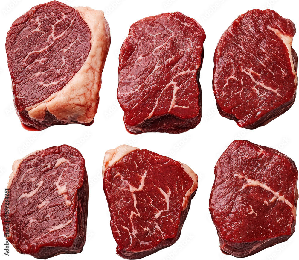 Raw meat cuts displayed from multiple angles. Raw material. Raw meat cuts displayed from multiple angles. Raw material.