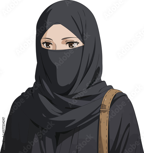 Anime style woman wearing a niqab with a shoulder bag illustration
