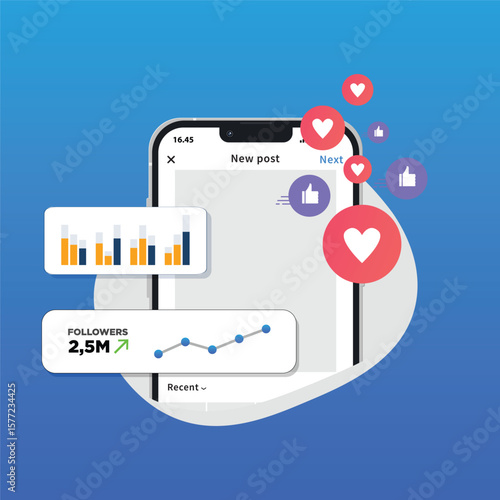 Track social media metrics and smm marketing statistics. Social media engagement metrics. like, shares, comments, follower growth. Metrics for social media ROI, audience growth metrics illustration