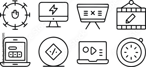A set of technology icons featuring computers, laptops, and video players isolated on Transparent background
