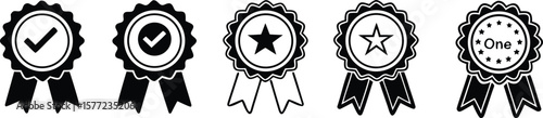 Collection of black and white award ribbon badges with check marks and stars isolated on Transparent background