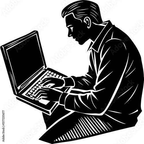 Silhouette of Man Typing at Laptop – Vector Illustration of Remote Work or Office Task

