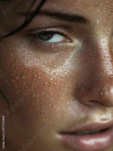 Captivating close-up of a young woman with water droplets on her skin reflecting natural light in an outdoor setting during the golden hour