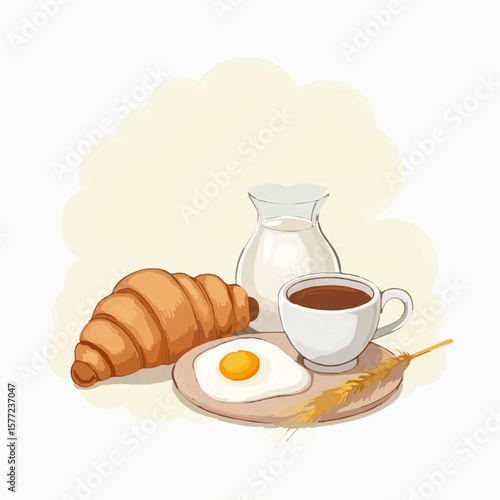 Continental Breakfast Illustration with Croissant and Coffee

