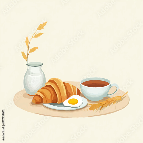 Continental Breakfast Illustration with Croissant and Coffee

