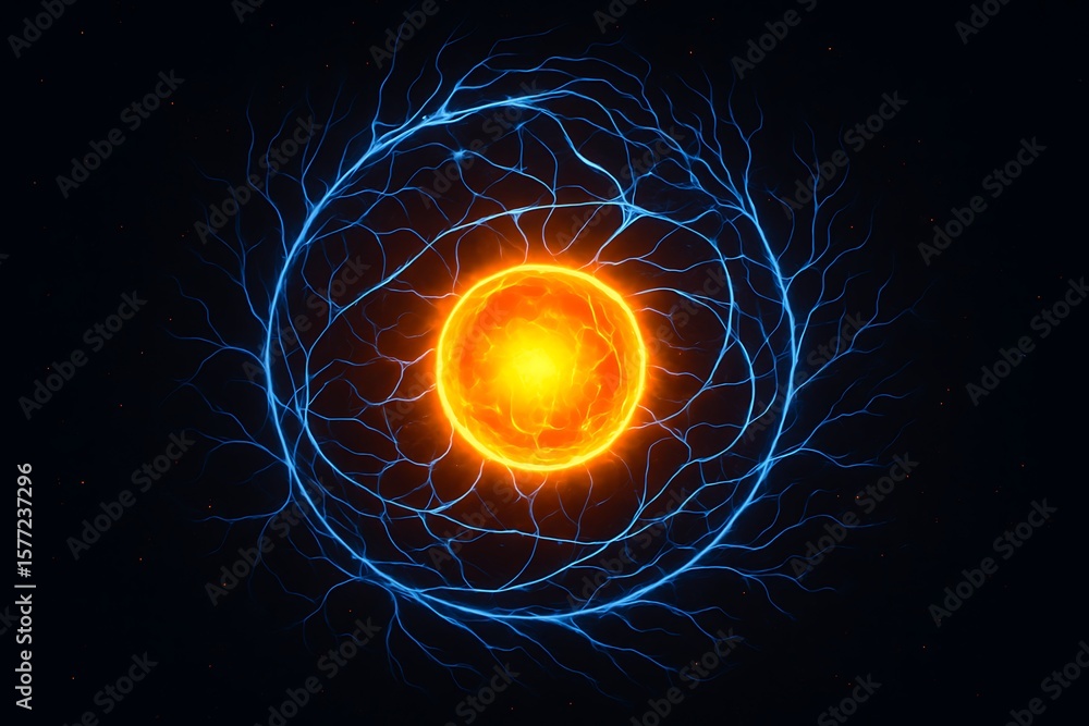 Fototapeta premium Neural Pattern Orbiting Glowing Synthetic Core – Abstract Visualization of Artificial Neural Activity