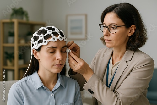 Therapist Adjusting Mental Health AI Neuro-Device, Healthcare Professional Using Advanced Neurotechnology