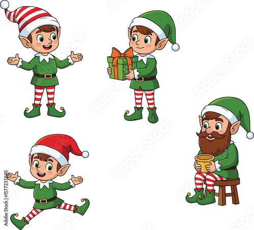 Christmas elves in colorful costumes, holding gifts and mugs, celebrating joyful holiday spirit with cheerful vibes, perfect for festive design projects