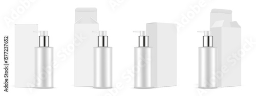 Set of realistic vector cosmetic bottles mockups with pump dispensers alongside blank cardboard boxes. Ideal for showcasing skincare, beauty, or personal care product packaging