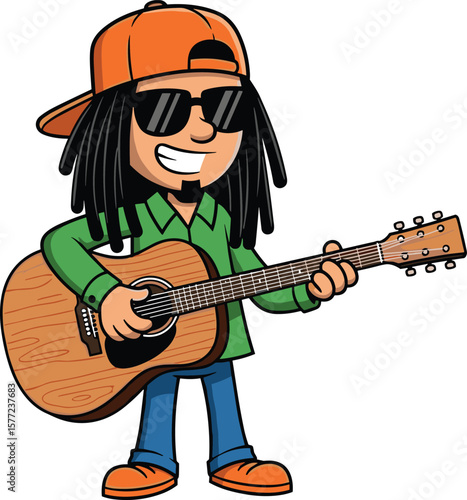 Cartoon musician playing guitar, dreadlocks hairstyle, orange cap, green shirt, vibrant illustration, creative character, music performance, casual outfit, vector style