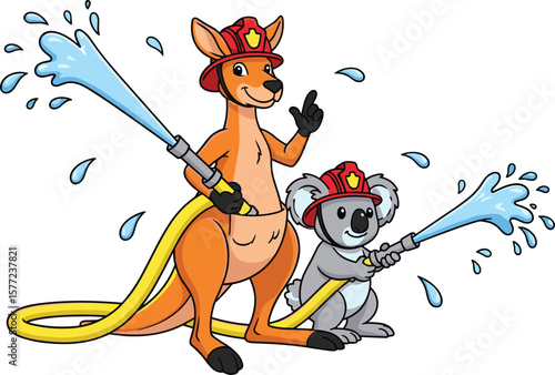 Cartoon kangaroo, koala firefighters, fire safety illustration, cute animal rescue, Australian wildlife, teamwork emergency response, water hose, fire hat