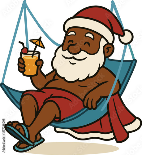 Santa Claus relaxing in hammock, tropical drink, summer holiday vibe, warm climate Christmas, festive beach vacation cartoon illustration
