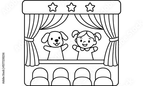Puppet show stage with cute dog and girl puppets in line art style