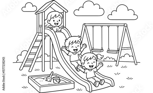 Kids playing on playground slide and swings in black and white line art