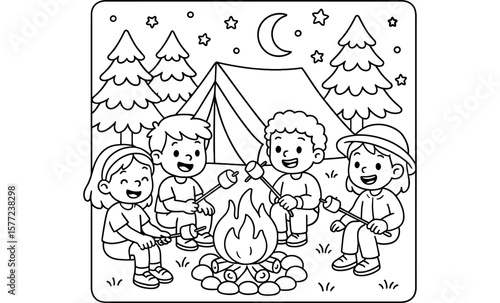Kids camping adventure under the stars with campfire and tents