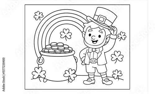 Cheerful cartoon leprechaun with pot of gold and rainbow coloring page