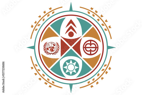 Vector Illustration of a Circular Symbol with Geometric Shapes and Compass Points