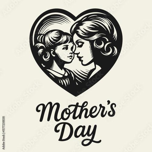 Black and white flat vector illustration of a young mother holding her baby inside a heart shape. Perfect for Mother’s Day, love, and family designs.