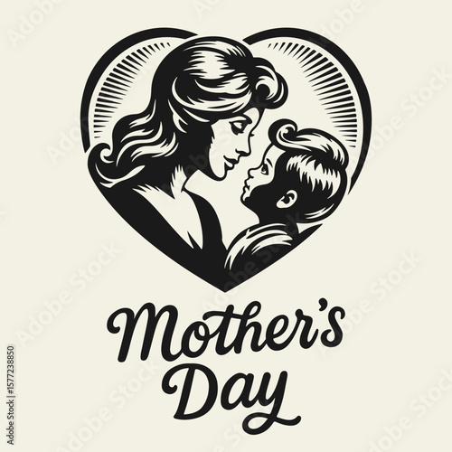 Black and white flat vector illustration of a young mother holding her baby inside a heart shape. Perfect for Mother’s Day, love, and family designs.
