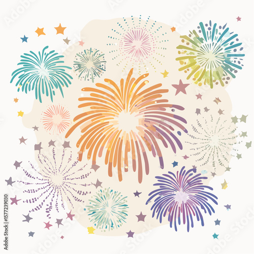 Celebration artwork featuring colorful fireworks and playful stars for festive occasions and graphic design projects.