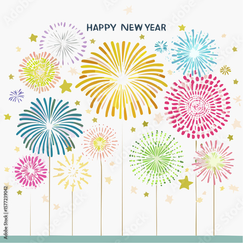 Festive fireworks explode in a charming graphic, perfect for New Year's Eve celebrations and holiday designs, bringing joy and vibrant colors.