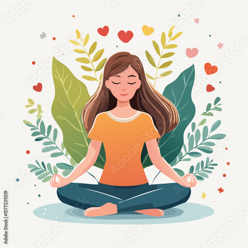 Meditating woman sitting in lotus position surrounded by nature, radiating wellness and love in a peaceful, harmonious design.