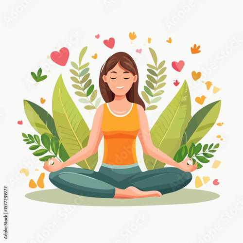 Girl is meditating in a lotus position surrounded by green leaves and hearts, fostering relaxation and inner peace in a peaceful nature setting.