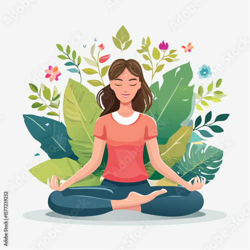 Serene woman in yoga lotus position surrounded by floral and tropical foliage, ideal for wellness and lifestyle concepts.