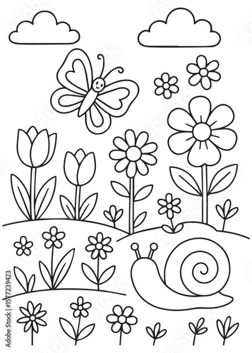 Coloring book page Flowers and butterfly in spring garden