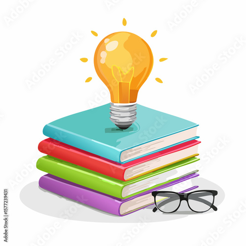 Education themed drawing displaying a light bulb over a stack of books next to spectacles, showing knowledge, learning, and generating ideas.