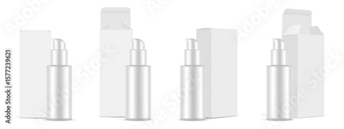 Cosmetic airless pump bottles mockups with blank cardboard boxes. Includes both closed and opened box versions. Perfect for skincare and beauty product presentations or pharmaceutical cosmetics