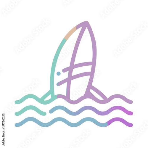 Minimalist surfboard emerging from ocean waves in pastel colors  