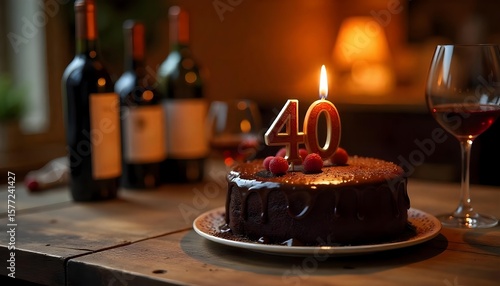 Chocolate 40th birthday cake with a lit candle and red wine on a rustic table for an intimate celebration