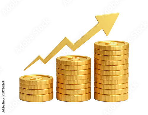 3D Gold Coin Stack for Return On Investment Profit with Financial Money PNG Transparent Isolated Design.