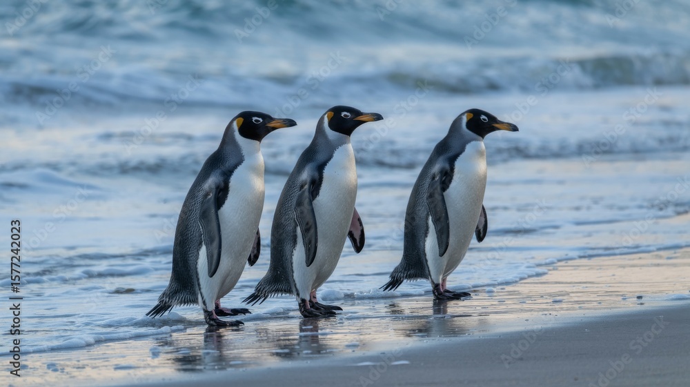 Naklejka premium Three gentoo penguins standing on a sandy beach with gentle waves lapping at their feet