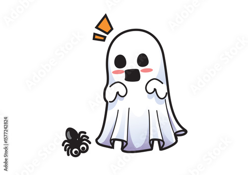 startled Halloween ghost character expressing surprise at a small spider on the ground. Halloween concept