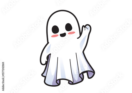 Happy Halloween ghost character waving with a friendly smile. Halloween concept