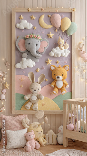 Illustration of a children's room in pastel colors, unusual toys, and beautiful decoration of the walls and floor. Very beautiful interior.