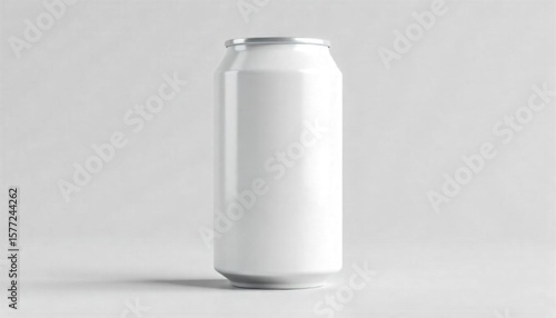 Blank white aluminum beverage can for branding mockups and product presentations. Suitable for packaging designs and advertising visuals.