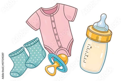 Baby essentials featuring a bottle, clothes, pacifier