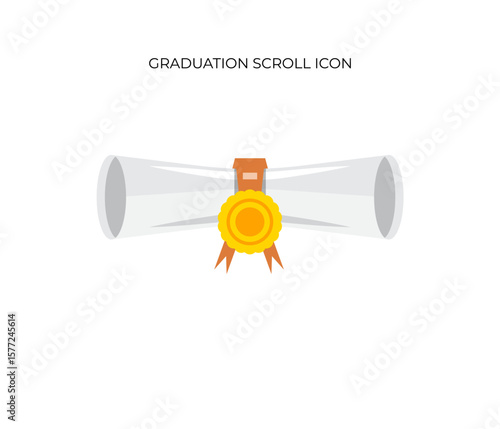 Icon of a graduation diploma, tightly rolled and tied with an orange ribbon, displaying a prominent gold seal with decorative ribbons.